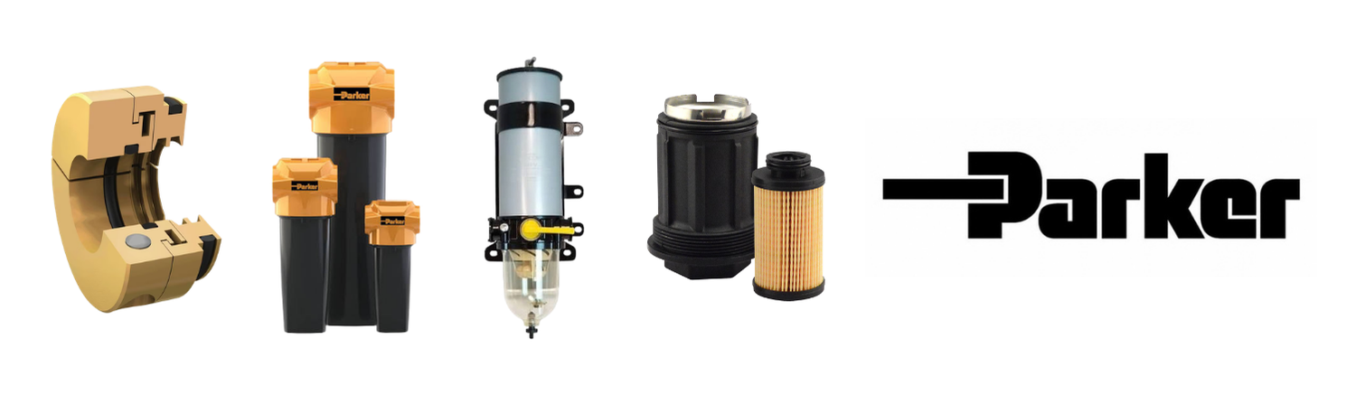 Parker split mechanical seal in bronze, orange-headed compressed air filter housings, a Racor fuel filter water separator, a filter housing with replacement element, and the Parker logo